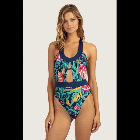 Trina Turk India Garden Halter Belted One Piece Womens Floral Swimsuit Size 6 - Picture 2 of 7